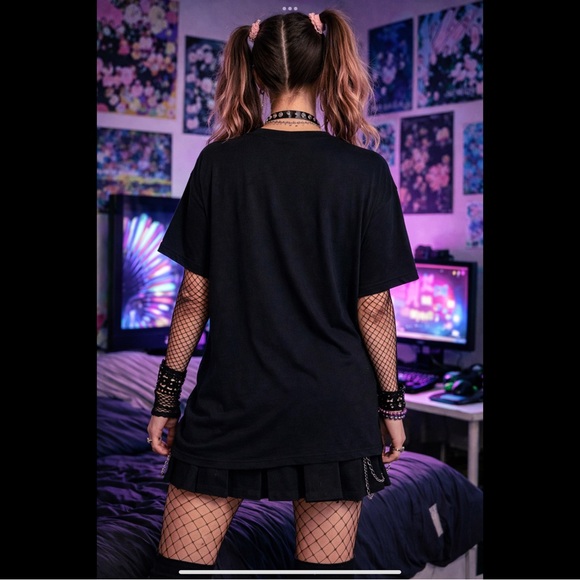 Waffle Cat Graphic T-Shirt Black Alt Y2K Internetcore Oversized Tee - Picture 3 of 5